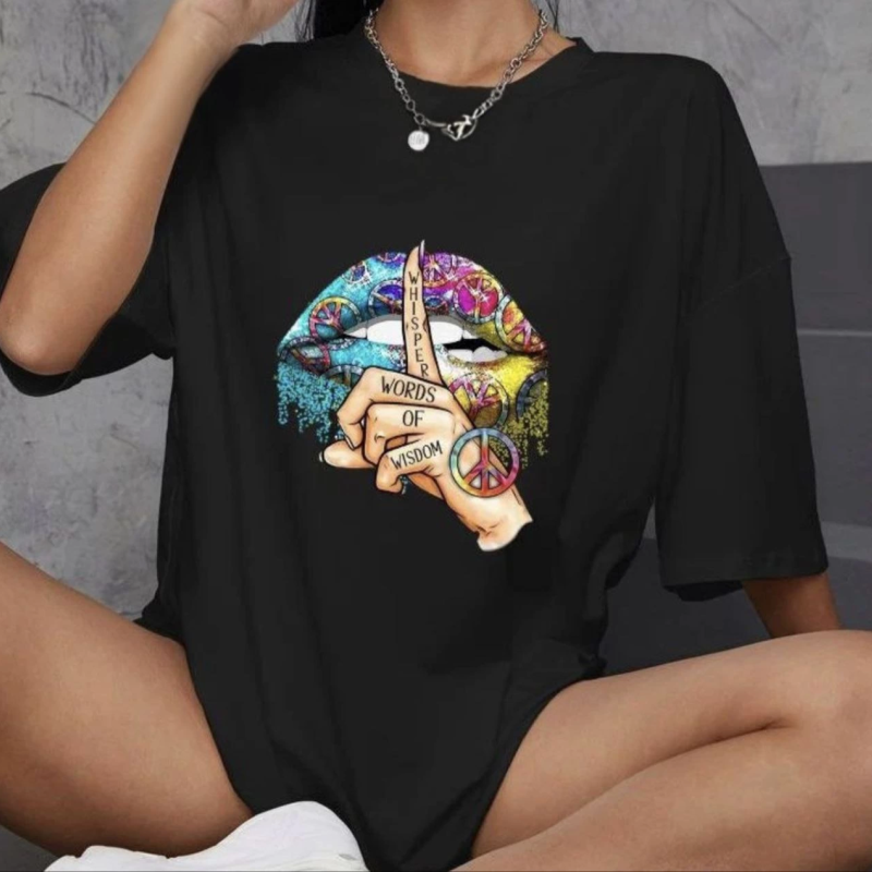 Bisiklet Yaka Baskılı Oversize T-Shirt - Siyah -