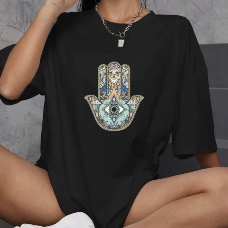 Bisiklet Yaka Baskılı Oversize T-Shirt - Siyah -