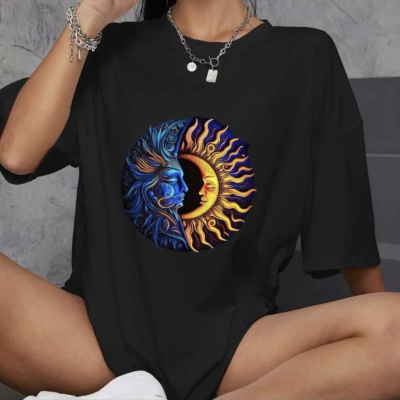 Bisiklet Yaka Baskılı Oversize T-Shirt - Siyah -