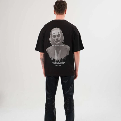 Bisiklet Yaka Baskılı Oversize T-Shirt - Siyah -