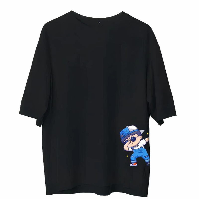 Bisiklet Yaka Baskılı Oversize T-Shirt - Siyah -