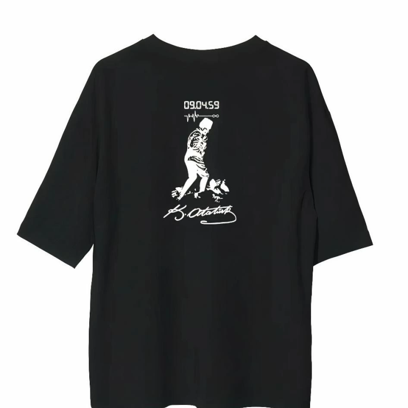 Bisiklet Yaka Baskılı Oversize T-Shirt - Siyah