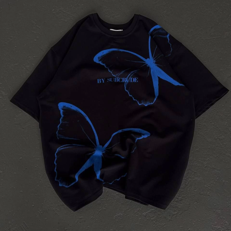 Bisiklet Yaka Baskılı Oversize T-Shirt - Siyah