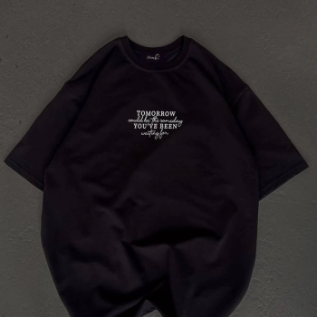 Bisiklet Yaka Baskılı Oversize T-Shirt - Siyah -