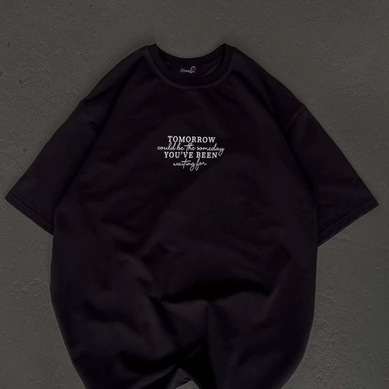 Bisiklet Yaka Baskılı Oversize T-Shirt - Siyah -