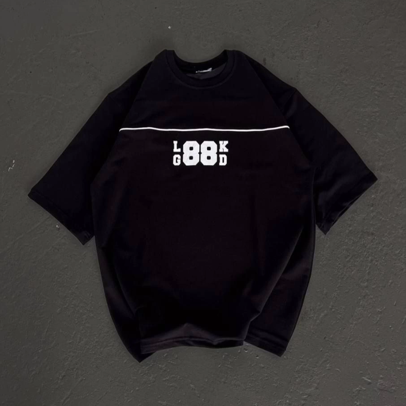 Bisiklet Yaka Baskılı Oversize T-Shirt - Siyah