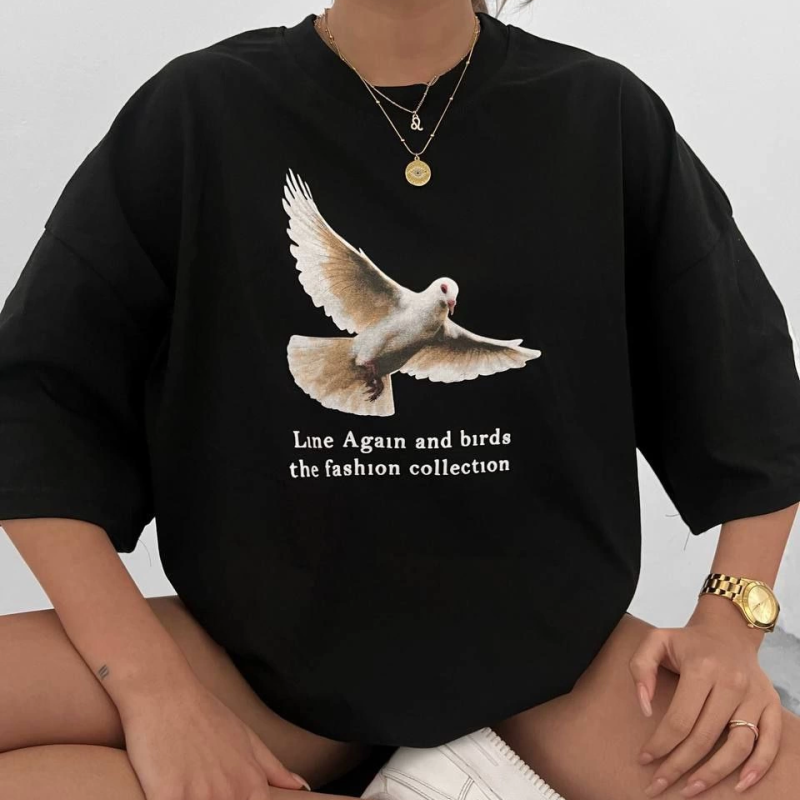 Bisiklet Yaka Baskılı Oversize T-Shirt - Siyah -