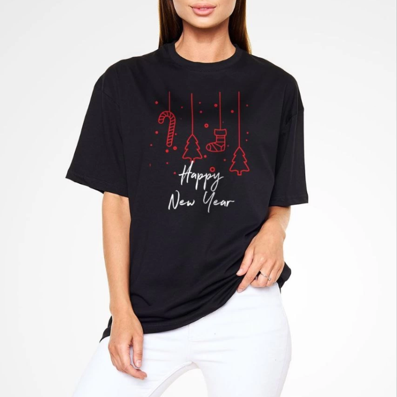 Bisiklet Yaka Baskılı Oversize T-Shirt - Siyah