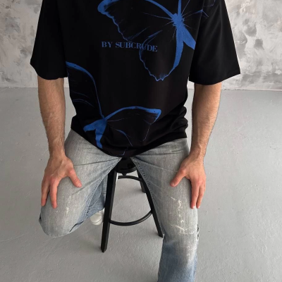 Bisiklet Yaka Baskılı Oversize T-Shirt - Siyah