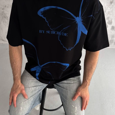 Bisiklet Yaka Baskılı Oversize T-Shirt - Siyah