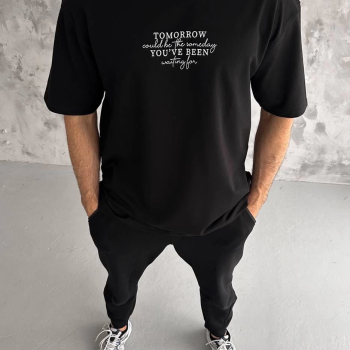 Bisiklet Yaka Baskılı Oversize T-Shirt - Siyah -