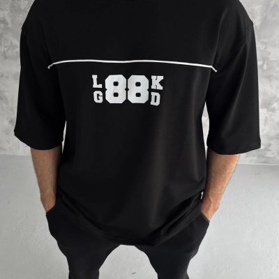 Bisiklet Yaka Baskılı Oversize T-Shirt - Siyah -