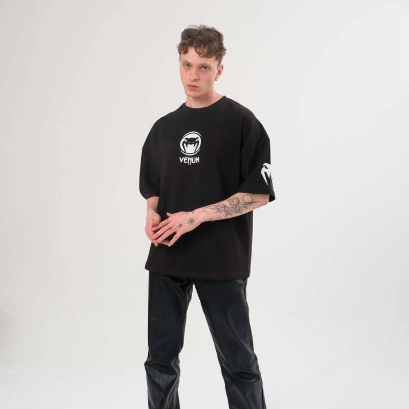 Bisiklet Yaka Baskılı Oversize T-Shirt - Siyah -