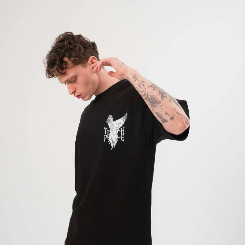 Bisiklet Yaka Baskılı Oversize T-Shirt - Siyah -