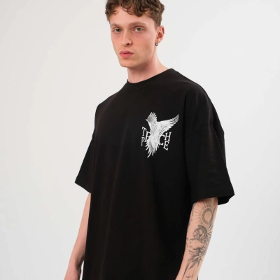 Bisiklet Yaka Baskılı Oversize T-Shirt - Siyah -