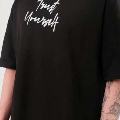 Bisiklet Yaka Baskılı Oversize T-Shirt - Siyah -