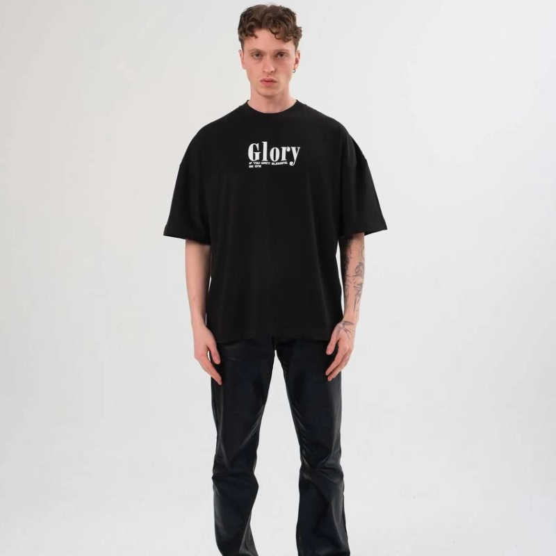 Bisiklet Yaka Baskılı Oversize T-Shirt - Siyah -