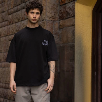 Bisiklet Yaka Baskılı Oversize T-Shirt - Siyah