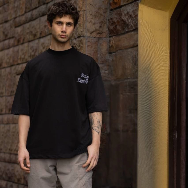 Bisiklet Yaka Baskılı Oversize T-Shirt - Siyah