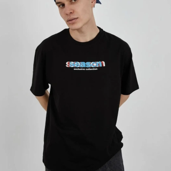 Bisiklet Yaka Baskılı Oversize T-Shirt - Siyah