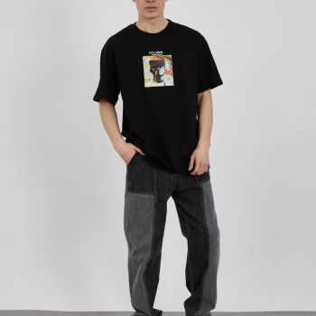 Bisiklet Yaka Baskılı Oversize T-Shirt - Siyah