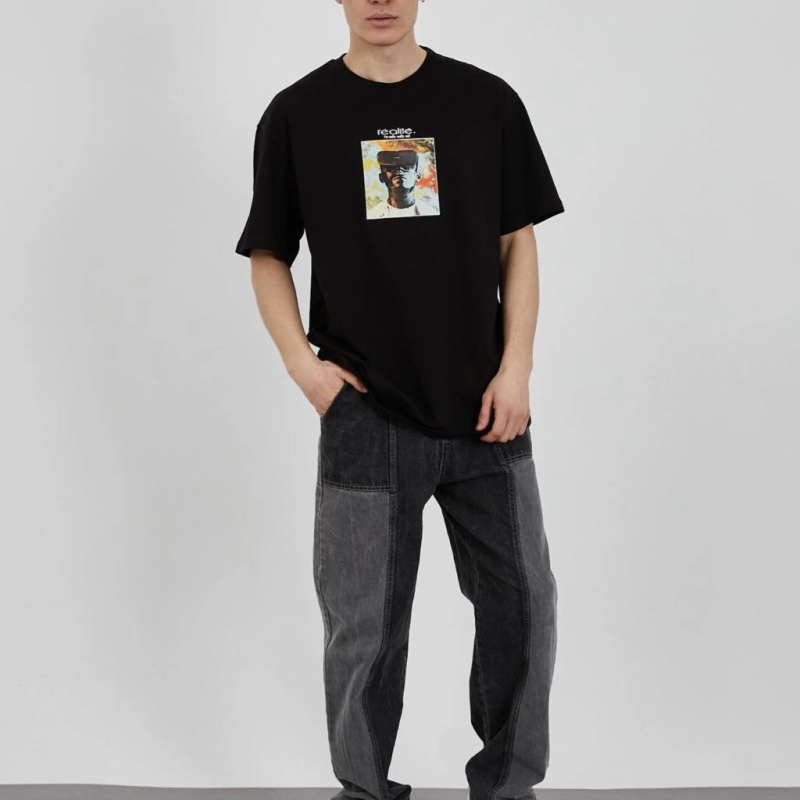 Bisiklet Yaka Baskılı Oversize T-Shirt - Siyah