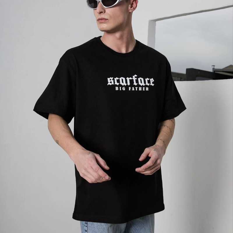 Bisiklet Yaka Baskılı Oversize T-Shirt - Siyah