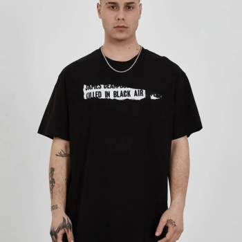 Bisiklet Yaka Baskılı Oversize T-Shirt - Siyah