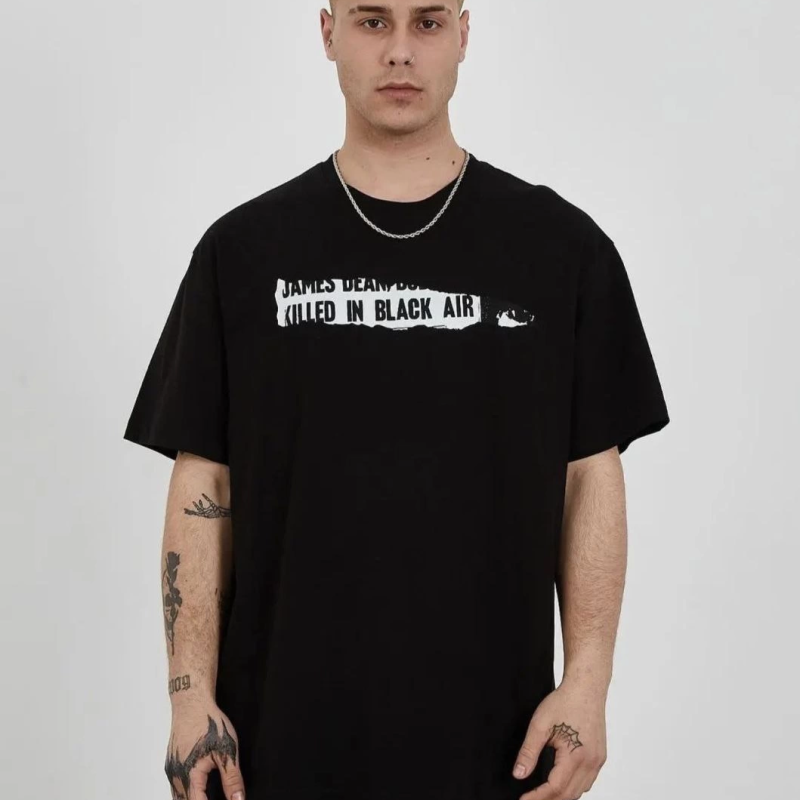 Bisiklet Yaka Baskılı Oversize T-Shirt - Siyah