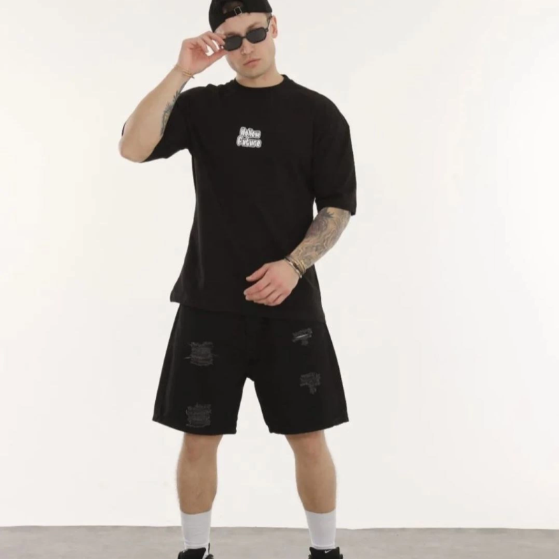 Bisiklet Yaka Baskılı Oversize T-Shirt - Siyah