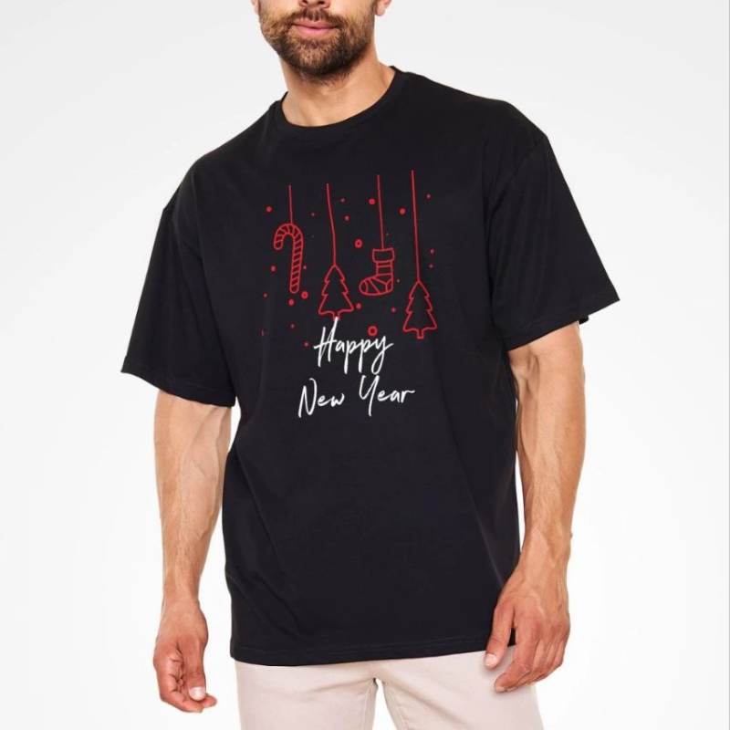 Bisiklet Yaka Baskılı Oversize T-Shirt - Siyah