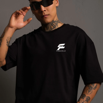 Bisiklet Yaka Baskılı Oversize T-Shirt - Siyah -