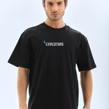 Bisiklet Yaka Baskılı Oversize T-Shirt - Siyah -