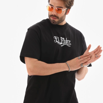 Bisiklet Yaka Baskılı Oversize T-Shirt - Siyah -