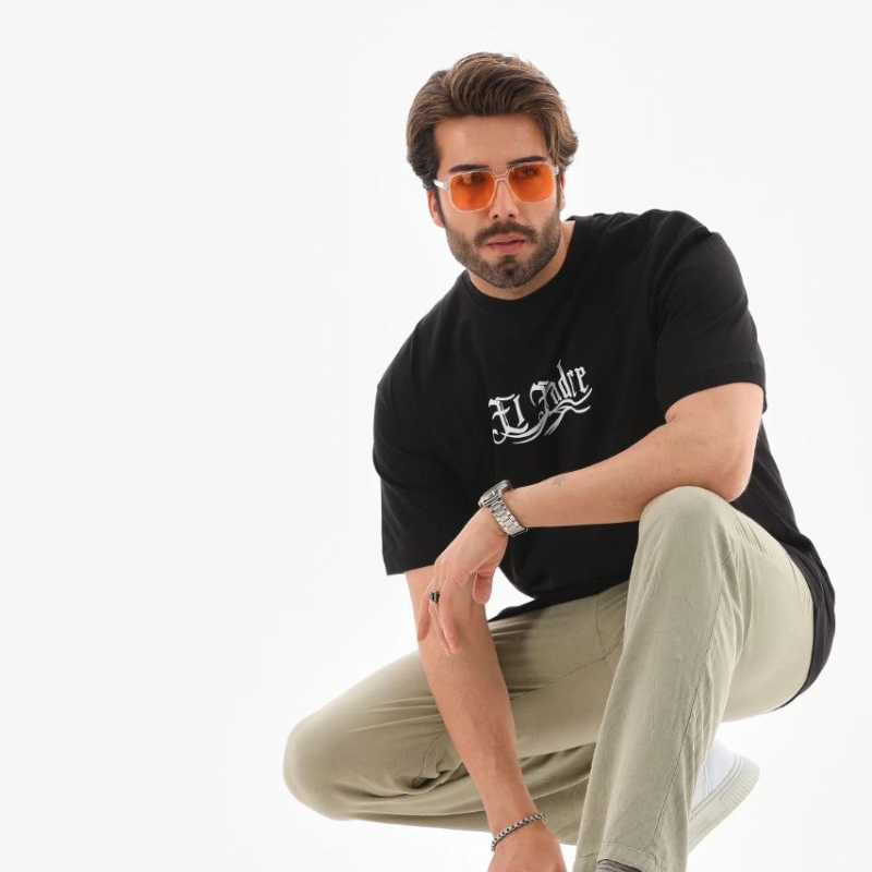 Bisiklet Yaka Baskılı Oversize T-Shirt - Siyah -