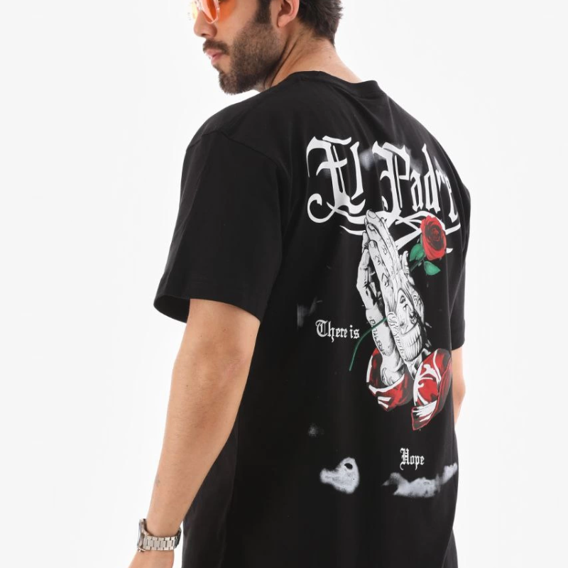 Bisiklet Yaka Baskılı Oversize T-Shirt - Siyah -