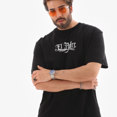Bisiklet Yaka Baskılı Oversize T-Shirt - Siyah -