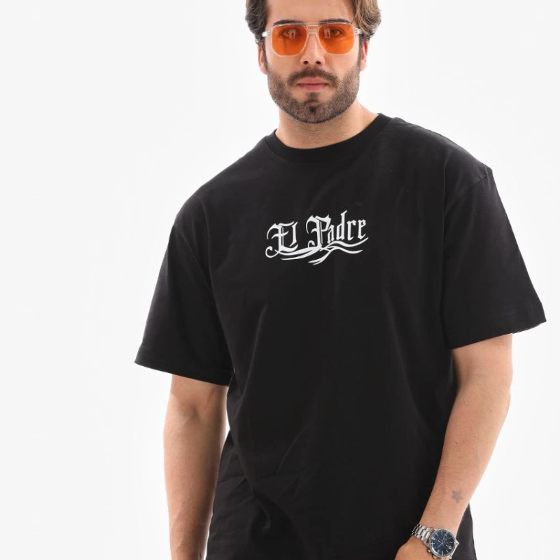 Bisiklet Yaka Baskılı Oversize T-Shirt - Siyah -