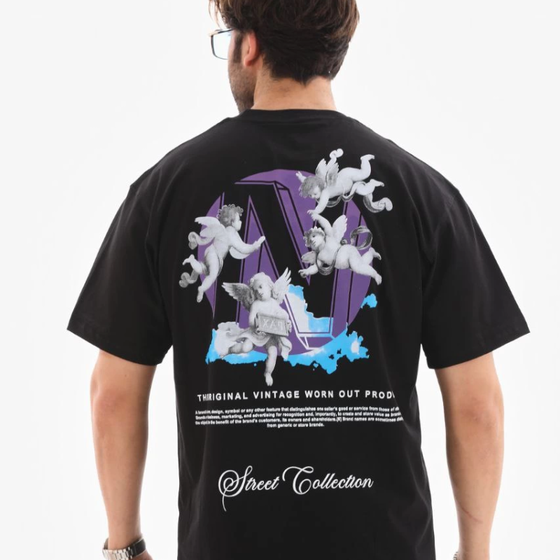 Bisiklet Yaka Baskılı Oversize T-Shirt - Siyah