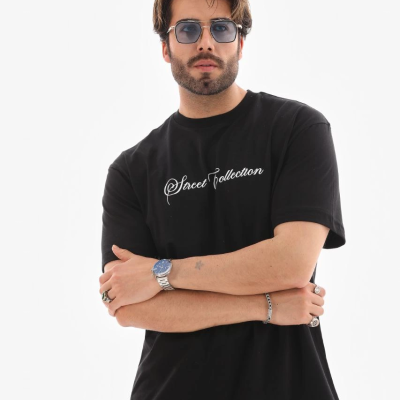 Bisiklet Yaka Baskılı Oversize T-Shirt - Siyah