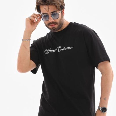 Bisiklet Yaka Baskılı Oversize T-Shirt - Siyah