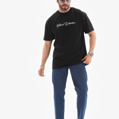 Bisiklet Yaka Baskılı Oversize T-Shirt - Siyah