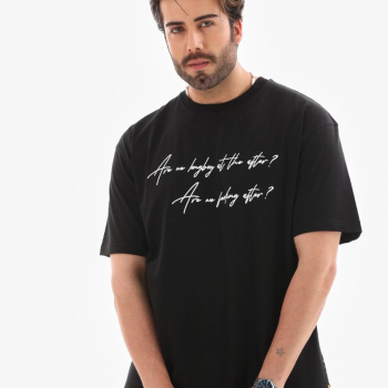 Bisiklet Yaka Baskılı Oversize T-Shirt - Siyah