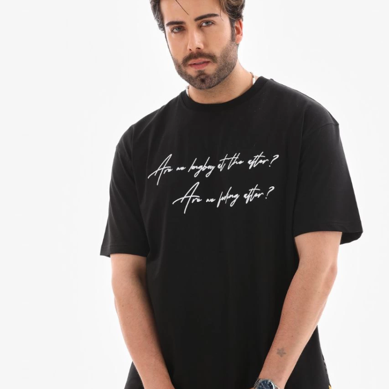 Bisiklet Yaka Baskılı Oversize T-Shirt - Siyah