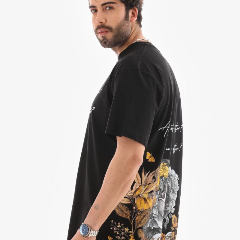 Bisiklet Yaka Baskılı Oversize T-Shirt - Siyah