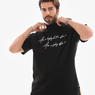 Bisiklet Yaka Baskılı Oversize T-Shirt - Siyah