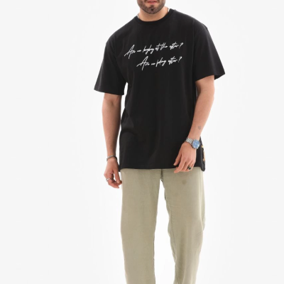 Bisiklet Yaka Baskılı Oversize T-Shirt - Siyah