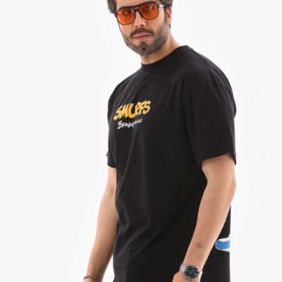 Bisiklet Yaka Baskılı Oversize T-Shirt - Siyah -