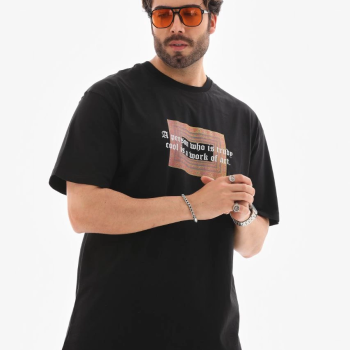 Bisiklet Yaka Baskılı Oversize T-Shirt - Siyah -