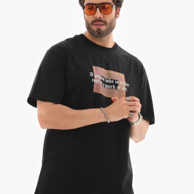 Bisiklet Yaka Baskılı Oversize T-Shirt - Siyah -